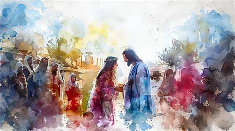 Jesus healing woman in biblical crowd
